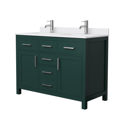 Wyndham WCG242448DGEWCUNSMXX Beckett 48 Inch Double Bathroom Vanity in Green, White Cultured Marble Countertop, Undermount Square Sinks, Brushed Nickel Trim