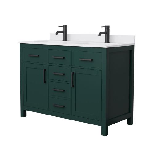 Wyndham WCG242448DGKWCUNSMXX Beckett 48 Inch Double Bathroom Vanity in Green, White Cultured Marble Countertop, Undermount Square Sinks, Matte Black Trim