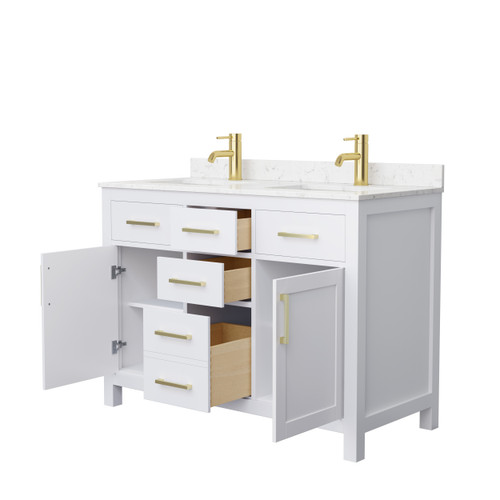Wyndham WCG242448DWGCCUNSMXX Beckett 48 Inch Double Bathroom Vanity in White, Carrara Cultured Marble Countertop, Undermount Square Sinks, Brushed Gold Trim