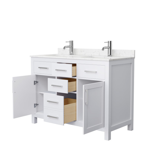 Wyndham WCG242448DWHCCUNSMXX Beckett 48 Inch Double Bathroom Vanity in White, Carrara Cultured Marble Countertop, Undermount Square Sinks, Brushed Nickel Trim