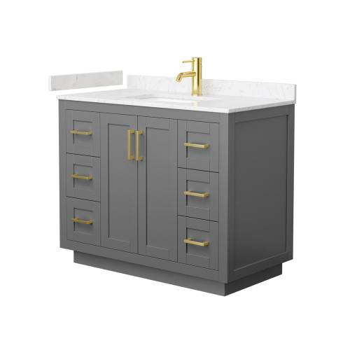 Wyndham WCF292942SGGC2UNSMXX Miranda 42 Inch Single Bathroom Vanity in Dark Gray, Light-Vein Carrara Cultured Marble Countertop, Undermount Square Sink, Brushed Gold Trim