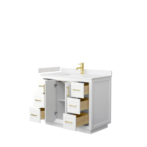 Wyndham WCF292942SWGC2UNSMXX Miranda 42 Inch Single Bathroom Vanity in White, Light-Vein Carrara Cultured Marble Countertop, Undermount Square Sink, Brushed Gold Trim