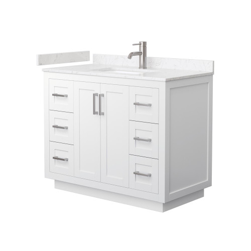 Wyndham WCF292942SWHC2UNSMXX Miranda 42 Inch Single Bathroom Vanity in White, Light-Vein Carrara Cultured Marble Countertop, Undermount Square Sink, Brushed Nickel Trim