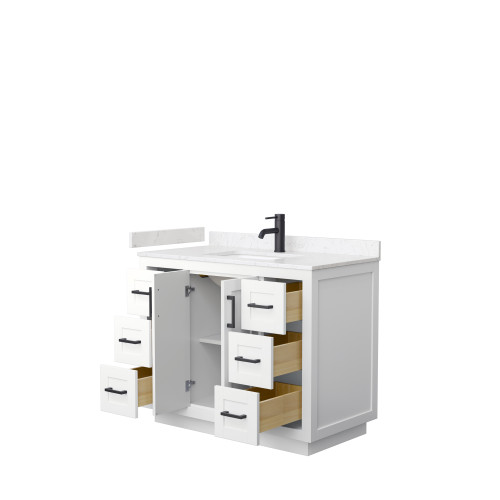 Wyndham WCF292942SWBC2UNSMXX Miranda 42 Inch Single Bathroom Vanity in White, Light-Vein Carrara Cultured Marble Countertop, Undermount Square Sink, Matte Black Trim