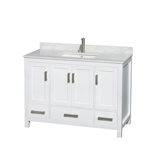 Wyndham WCS141448SWHCMUNSMXX Sheffield 48 Inch Single Bathroom Vanity in White, White Carrara Marble Countertop, Undermount Square Sink, and No Mirror