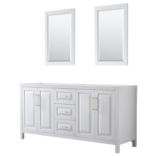 Wyndham WCV252572DWGCXSXXM24 Daria 72 Inch Double Bathroom Vanity in White, No Countertop, No Sink, 24 Inch Mirrors, Brushed Gold Trim