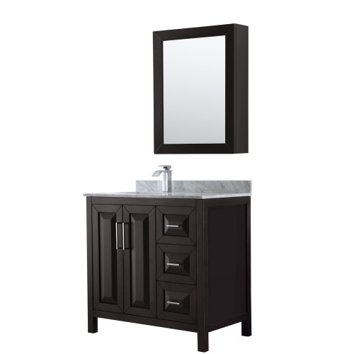Wyndham WCV252536SDECMUNSMED Daria 36 Inch Single Bathroom Vanity in Dark Espresso, White Carrara Marble Countertop, Undermount Square Sink, and Medicine Cabinet
