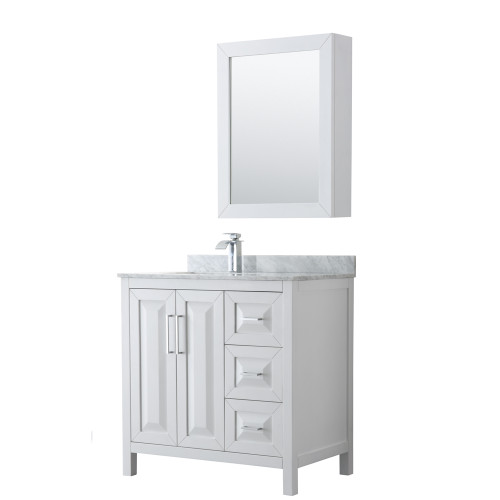 Wyndham WCV252536SWHCMUNSMED Daria 36 Inch Single Bathroom Vanity in White, White Carrara Marble Countertop, Undermount Square Sink, and Medicine Cabinet