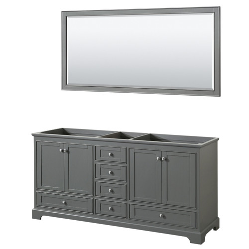 Wyndham WCS202072DKGCXSXXM70 Deborah 72 Inch Double Bathroom Vanity in Dark Gray, No Countertop, No Sinks, and 70 Inch Mirror