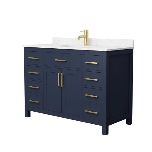Wyndham WCG242448SBLCCUNSMXX Beckett 48 Inch Single Bathroom Vanity in Dark Blue, Carrara Cultured Marble Countertop, Undermount Square Sink, Brushed Gold Trim