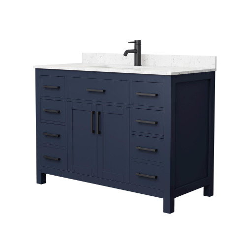 Wyndham WCG242448SBBCCUNSMXX Beckett 48 Inch Single Bathroom Vanity in Dark Blue, Carrara Cultured Marble Countertop, Undermount Square Sink, Matte Black Trim