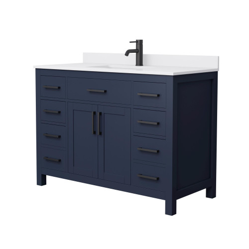 Wyndham WCG242448SBBWCUNSMXX Beckett 48 Inch Single Bathroom Vanity in Dark Blue, White Cultured Marble Countertop, Undermount Square Sink, Matte Black Trim