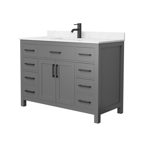 Wyndham WCG242448SGBCCUNSMXX Beckett 48 Inch Single Bathroom Vanity in Dark Gray, Carrara Cultured Marble Countertop, Undermount Square Sink, Matte Black Trim