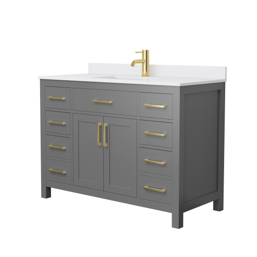 Wyndham WCG242448SGGWCUNSMXX Beckett 48 Inch Single Bathroom Vanity in Dark Gray, White Cultured Marble Countertop, Undermount Square Sink, Brushed Gold Trim