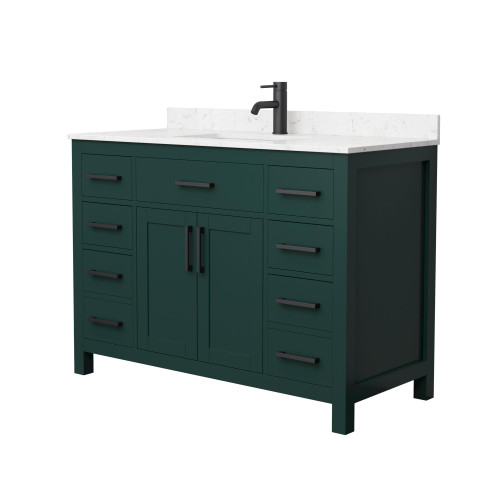 Wyndham WCG242448SGKCCUNSMXX Beckett 48 Inch Single Bathroom Vanity in Green, Carrara Cultured Marble Countertop, Undermount Square Sink, Matte Black Trim