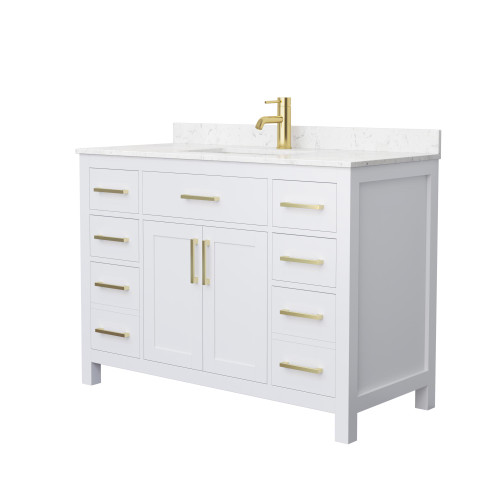 Wyndham WCG242448SWGCCUNSMXX Beckett 48 Inch Single Bathroom Vanity in White, Carrara Cultured Marble Countertop, Undermount Square Sink, Brushed Gold Trim