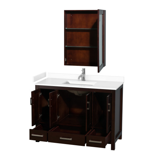 Wyndham WCS141448SESWCUNSMED Sheffield 48 Inch Single Bathroom Vanity in Espresso, White Cultured Marble Countertop, Undermount Square Sink, Medicine Cabinet