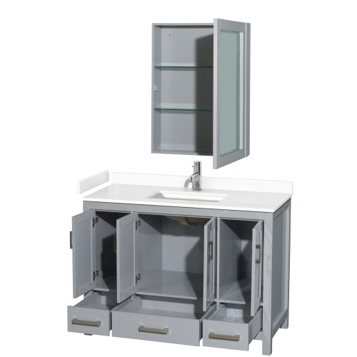 Wyndham WCS141448SGYWCUNSMED Sheffield 48 Inch Single Bathroom Vanity in Gray, White Cultured Marble Countertop, Undermount Square Sink, Medicine Cabinet