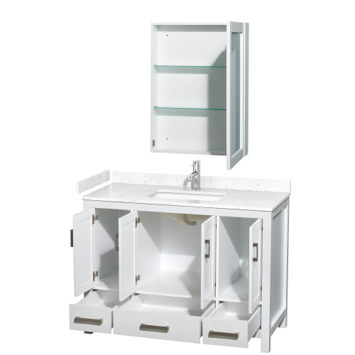 Wyndham WCS141448SWHC2UNSMED Sheffield 48 Inch Single Bathroom Vanity in White, Carrara Cultured Marble Countertop, Undermount Square Sink, Medicine Cabinet