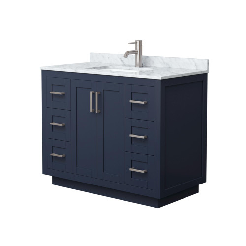 Wyndham WCF292942SBNCMUNSMXX Miranda 42 Inch Single Bathroom Vanity in Dark Blue, White Carrara Marble Countertop, Undermount Square Sink, Brushed Nickel Trim