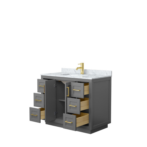 Wyndham WCF292942SGGCMUNSMXX Miranda 42 Inch Single Bathroom Vanity in Dark Gray, White Carrara Marble Countertop, Undermount Square Sink, Brushed Gold Trim