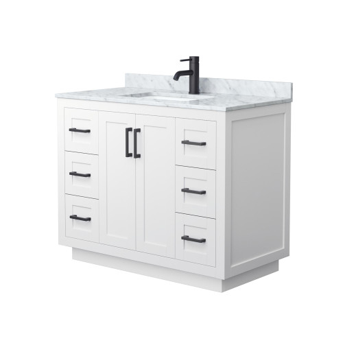 Wyndham WCF292942SWBCMUNSMXX Miranda 42 Inch Single Bathroom Vanity in White, White Carrara Marble Countertop, Undermount Square Sink, Matte Black Trim