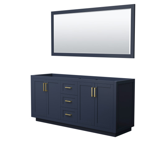 Wyndham WCF292972DBLCXSXXM70 Miranda 72 Inch Double Bathroom Vanity in Dark Blue, No Countertop, No Sink, Brushed Gold Trim, 70 Inch Mirror