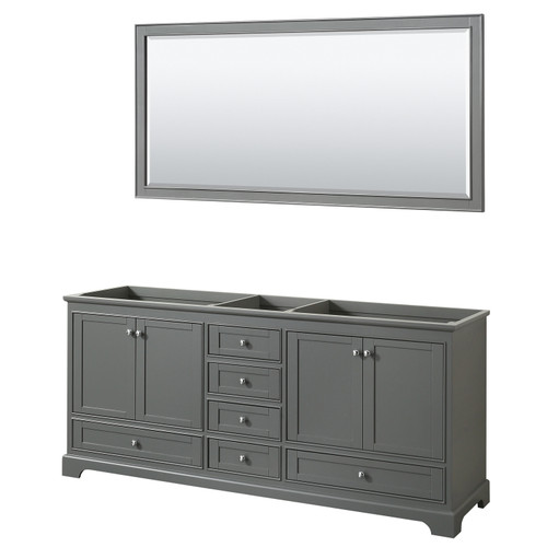 Wyndham WCS202080DKGCXSXXM70 Deborah 80 Inch Double Bathroom Vanity in Dark Gray, No Countertop, No Sinks, and 70 Inch Mirror