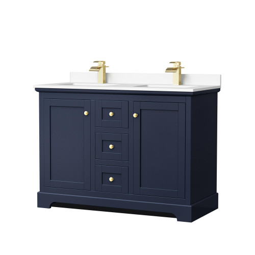 Wyndham WCV232348DBLWCUNSMXX Avery 48 Inch Double Bathroom Vanity in Dark Blue, White Cultured Marble Countertop, Undermount Square Sinks, No Mirror
