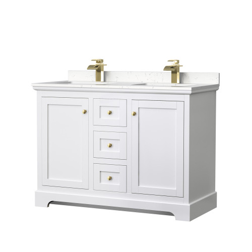 Wyndham WCV232348DWGC2UNSMXX Avery 48 Inch Double Bathroom Vanity in White, Light-Vein Carrara Cultured Marble Countertop, Undermount Square Sinks, Brushed Gold Trim