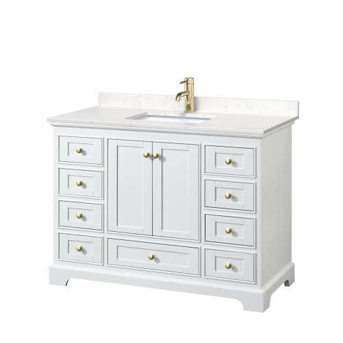 Wyndham WCS202048SWGC2UNSMXX Deborah 48 Inch Single Bathroom Vanity in White, Carrara Cultured Marble Countertop, Undermount Square Sink, Brushed Gold Trim, No Mirror