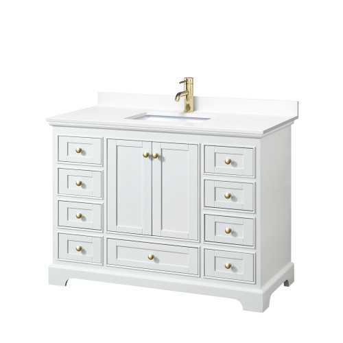 Wyndham WCS202048SWGWCUNSMXX Deborah 48 Inch Single Bathroom Vanity in White, White Cultured Marble Countertop, Undermount Square Sink, Brushed Gold Trim, No Mirror