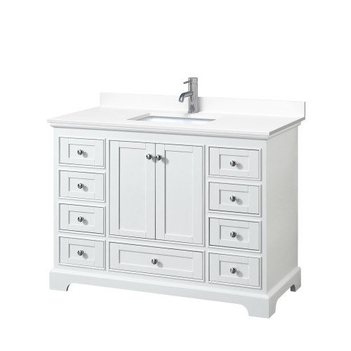 Wyndham WCS202048SWHWCUNSMXX Deborah 48 Inch Single Bathroom Vanity in White, White Cultured Marble Countertop, Undermount Square Sink, No Mirror
