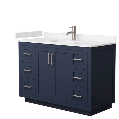 Wyndham WCF292948SBNC2UNSMXX Miranda 48 Inch Single Bathroom Vanity in Dark Blue, Light-Vein Carrara Cultured Marble Countertop, Undermount Square Sink, Brushed Nickel Trim