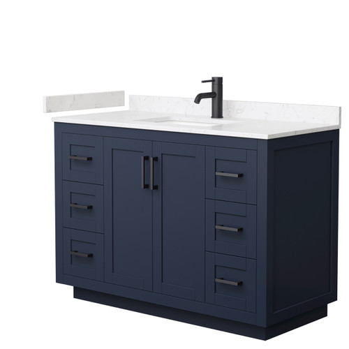 Wyndham WCF292948SBBC2UNSMXX Miranda 48 Inch Single Bathroom Vanity in Dark Blue, Light-Vein Carrara Cultured Marble Countertop, Undermount Square Sink, Matte Black Trim