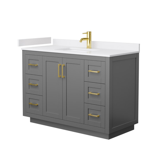 Wyndham WCF292948SGGWCUNSMXX Miranda 48 Inch Single Bathroom Vanity in Dark Gray, White Cultured Marble Countertop, Undermount Square Sink, Brushed Gold Trim