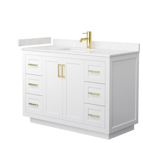 Wyndham WCF292948SWGC2UNSMXX Miranda 48 Inch Single Bathroom Vanity in White, Light-Vein Carrara Cultured Marble Countertop, Undermount Square Sink, Brushed Gold Trim