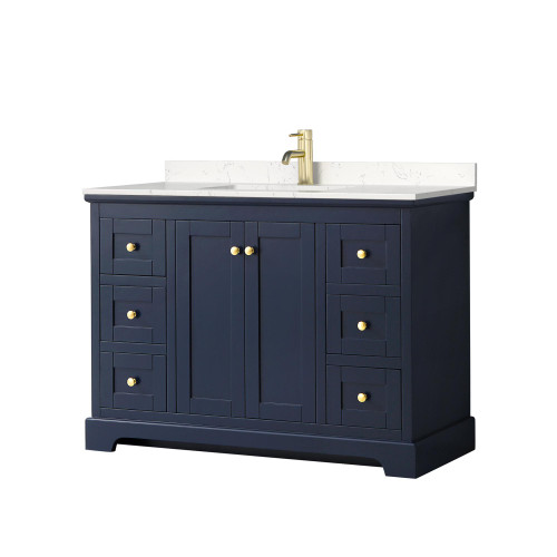 Wyndham WCV232348SBLC2UNSMXX Avery 48 Inch Single Bathroom Vanity in Dark Blue, Light-Vein Carrara Cultured Marble Countertop, Undermount Square Sink, No Mirror