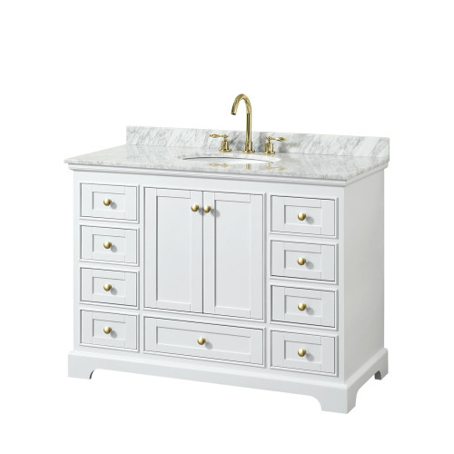 Wyndham WCS202048SWGCMUNOMXX Deborah 48 Inch Single Bathroom Vanity in White, White Carrara Marble Countertop, Undermount Oval Sink, Brushed Gold Trim, No Mirror