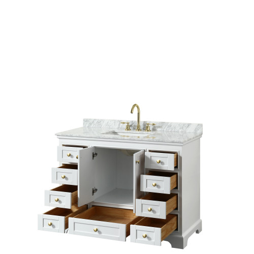 Wyndham WCS202048SWGCMUNSMXX Deborah 48 Inch Single Bathroom Vanity in White, White Carrara Marble Countertop, Undermount Square Sink, Brushed Gold Trim, No Mirror