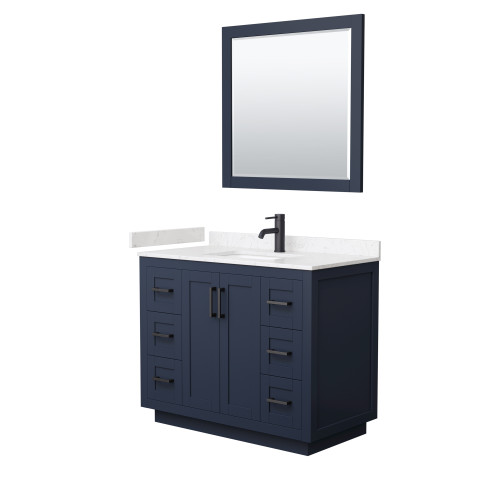Wyndham WCF292942SBBC2UNSM34 Miranda 42 Inch Single Bathroom Vanity in Dark Blue, Light-Vein Carrara Cultured Marble Countertop, Undermount Square Sink, Matte Black Trim, 34 Inch Mirror