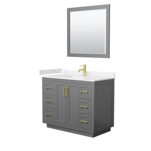 Wyndham WCF292942SGGC2UNSM34 Miranda 42 Inch Single Bathroom Vanity in Dark Gray, Light-Vein Carrara Cultured Marble Countertop, Undermount Square Sink, Brushed Gold Trim, 34 Inch Mirror