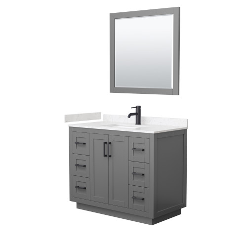 Wyndham WCF292942SGBC2UNSM34 Miranda 42 Inch Single Bathroom Vanity in Dark Gray, Light-Vein Carrara Cultured Marble Countertop, Undermount Square Sink, Matte Black Trim, 34 Inch Mirror
