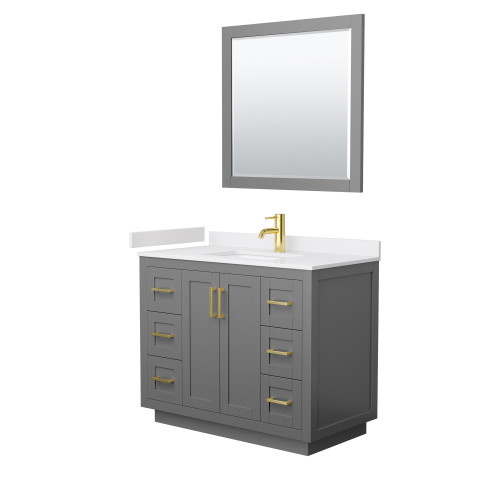 Wyndham WCF292942SGGWCUNSM34 Miranda 42 Inch Single Bathroom Vanity in Dark Gray, White Cultured Marble Countertop, Undermount Square Sink, Brushed Gold Trim, 34 Inch Mirror