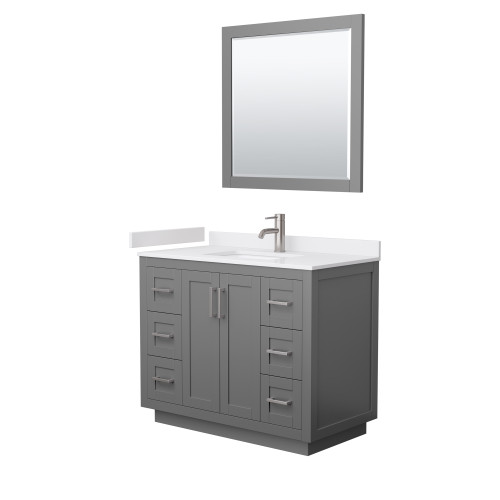 Wyndham WCF292942SKGWCUNSM34 Miranda 42 Inch Single Bathroom Vanity in Dark Gray, White Cultured Marble Countertop, Undermount Square Sink, Brushed Nickel Trim, 34 Inch Mirror