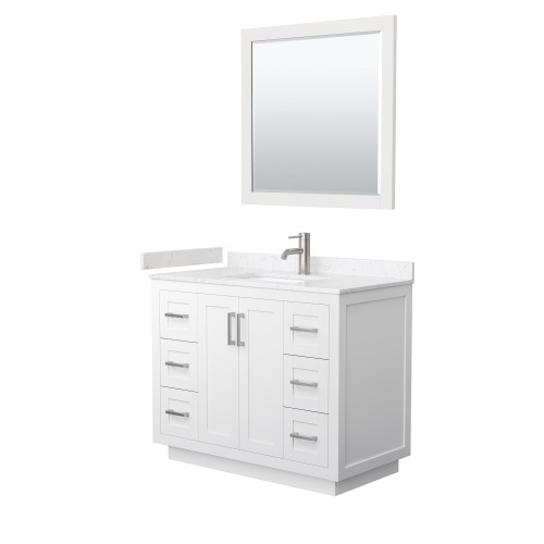 Wyndham WCF292942SWHC2UNSM34 Miranda 42 Inch Single Bathroom Vanity in White, Light-Vein Carrara Cultured Marble Countertop, Undermount Square Sink, Brushed Nickel Trim, 34 Inch Mirror