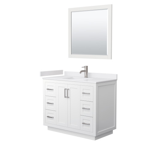 Wyndham WCF292942SWHWCUNSM34 Miranda 42 Inch Single Bathroom Vanity in White, White Cultured Marble Countertop, Undermount Square Sink, Brushed Nickel Trim, 34 Inch Mirror