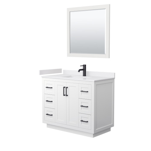 Wyndham WCF292942SWBWCUNSM34 Miranda 42 Inch Single Bathroom Vanity in White, White Cultured Marble Countertop, Undermount Square Sink, Matte Black Trim, 34 Inch Mirror