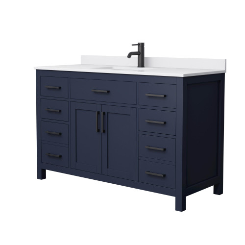 Wyndham WCG242454SBBWCUNSMXX Beckett 54 Inch Single Bathroom Vanity in Dark Blue, White Cultured Marble Countertop, Undermount Square Sink, Matte Black Trim