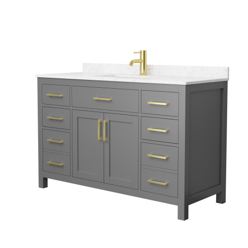 Wyndham WCG242454SGGCCUNSMXX Beckett 54 Inch Single Bathroom Vanity in Dark Gray, Carrara Cultured Marble Countertop, Undermount Square Sink, Brushed Gold Trim